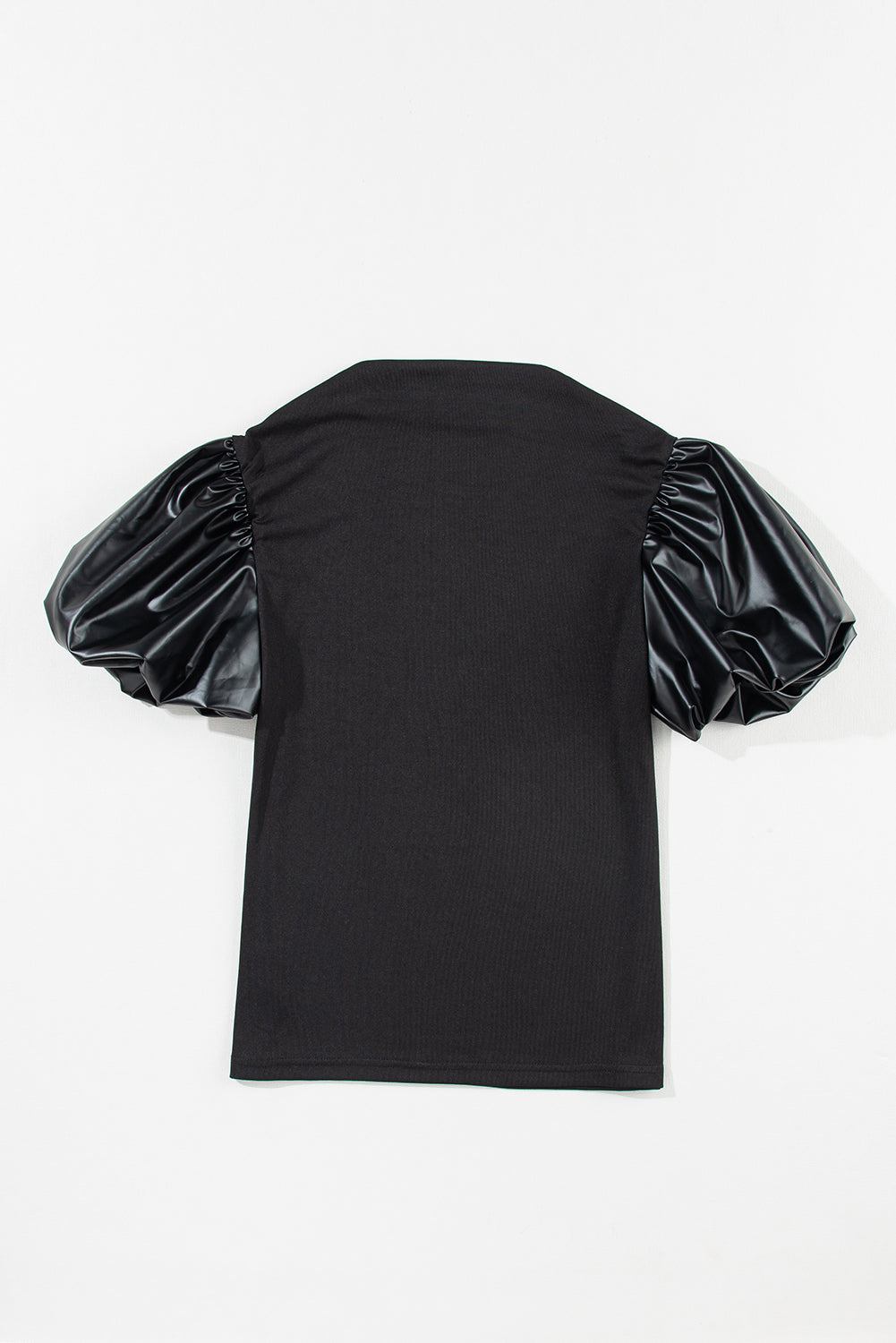 Top  .  Black Faux Leather Puff Short Sleeve Mock Neck Top