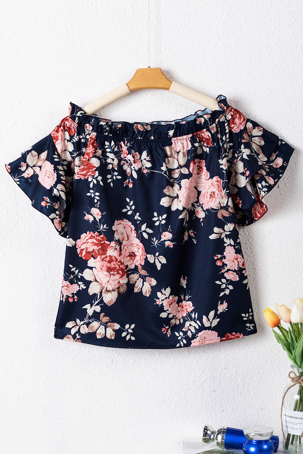 Blouse  .  Blue Ruffle Off Shoulder Flounce Sleeve Floral