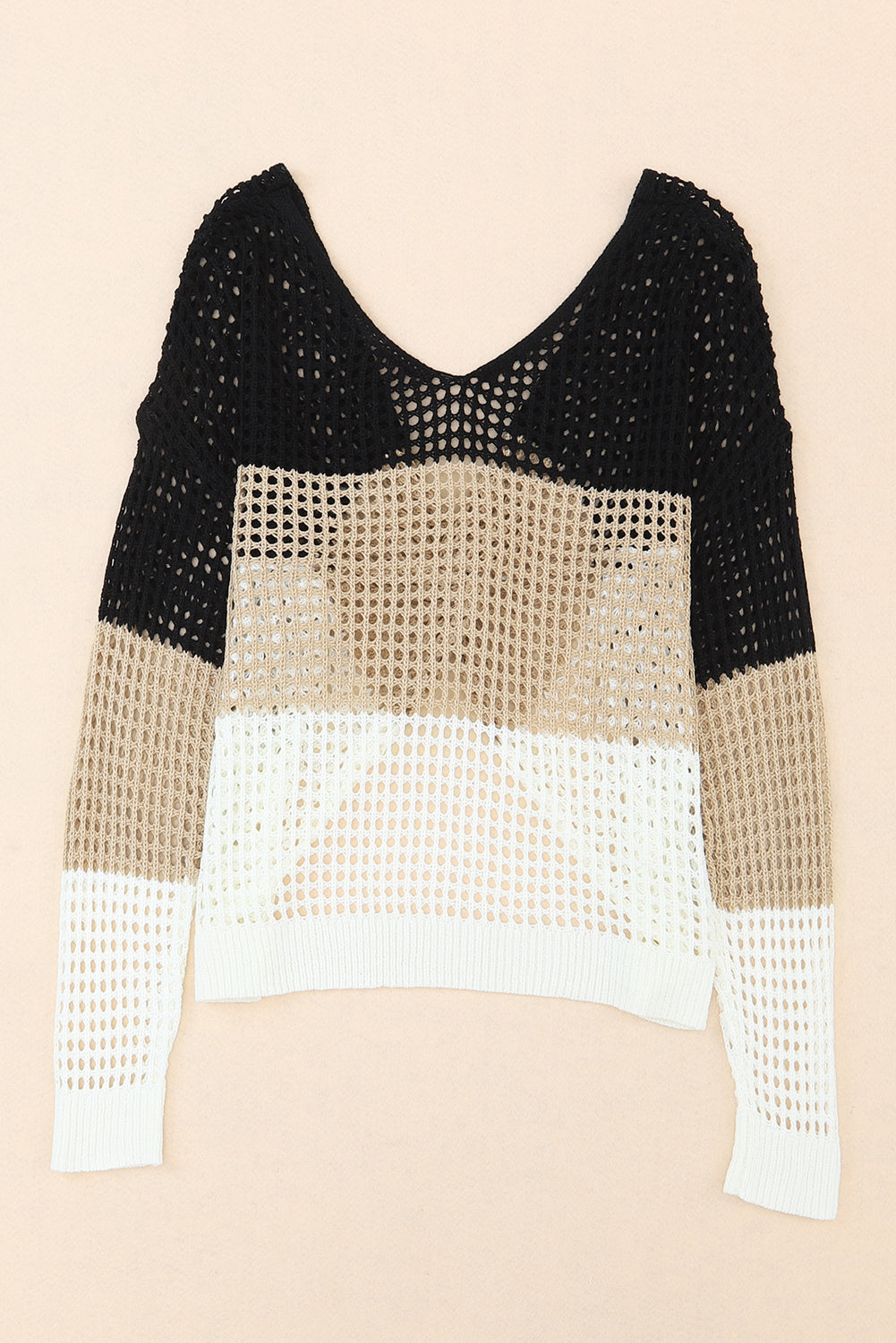 Top  ..  Black Color Block Eyelet Long Sleeve Twisted Back Knit Top