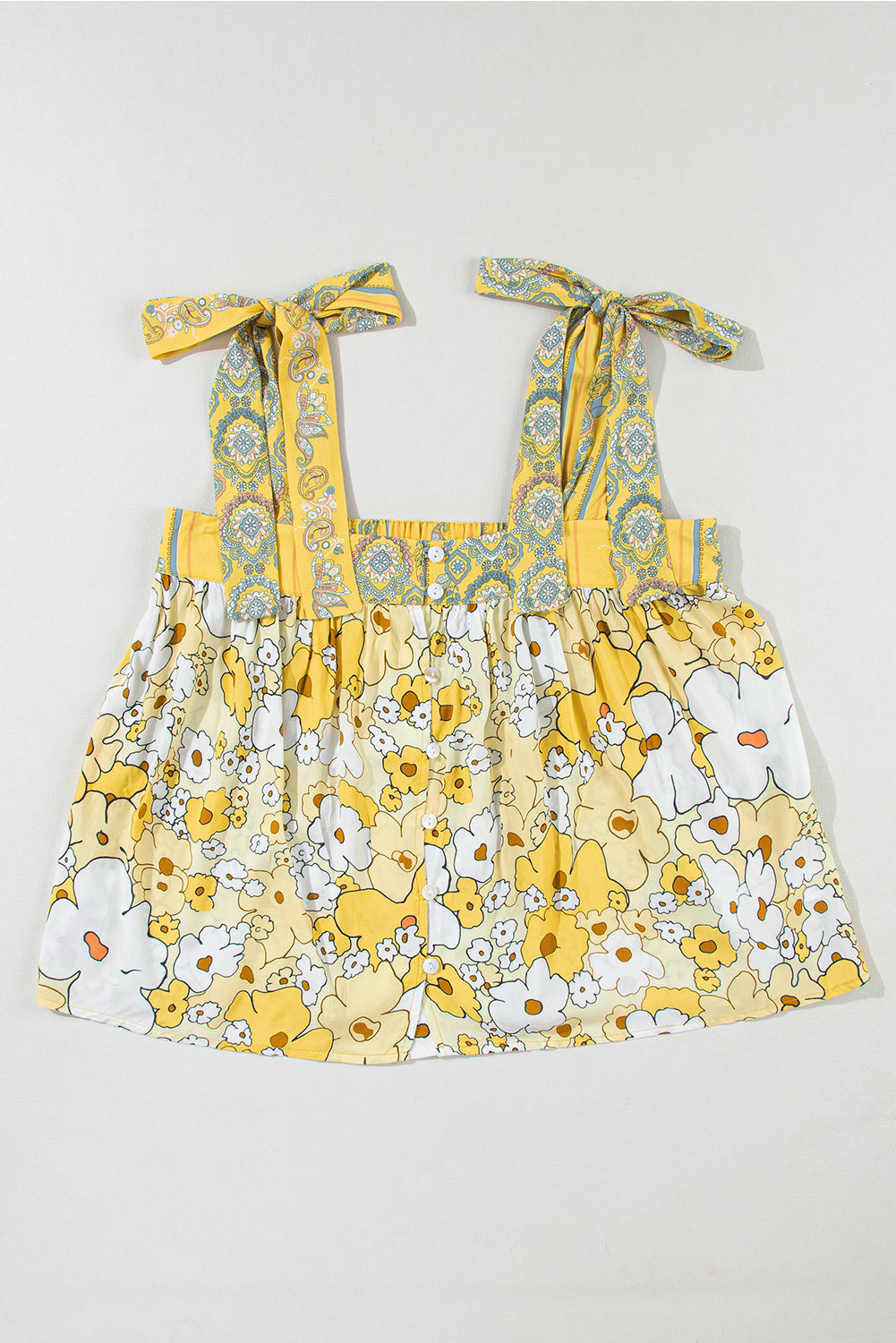 Buttoned Tank Top  .  Yellow Floral Patchwork Tied Straps