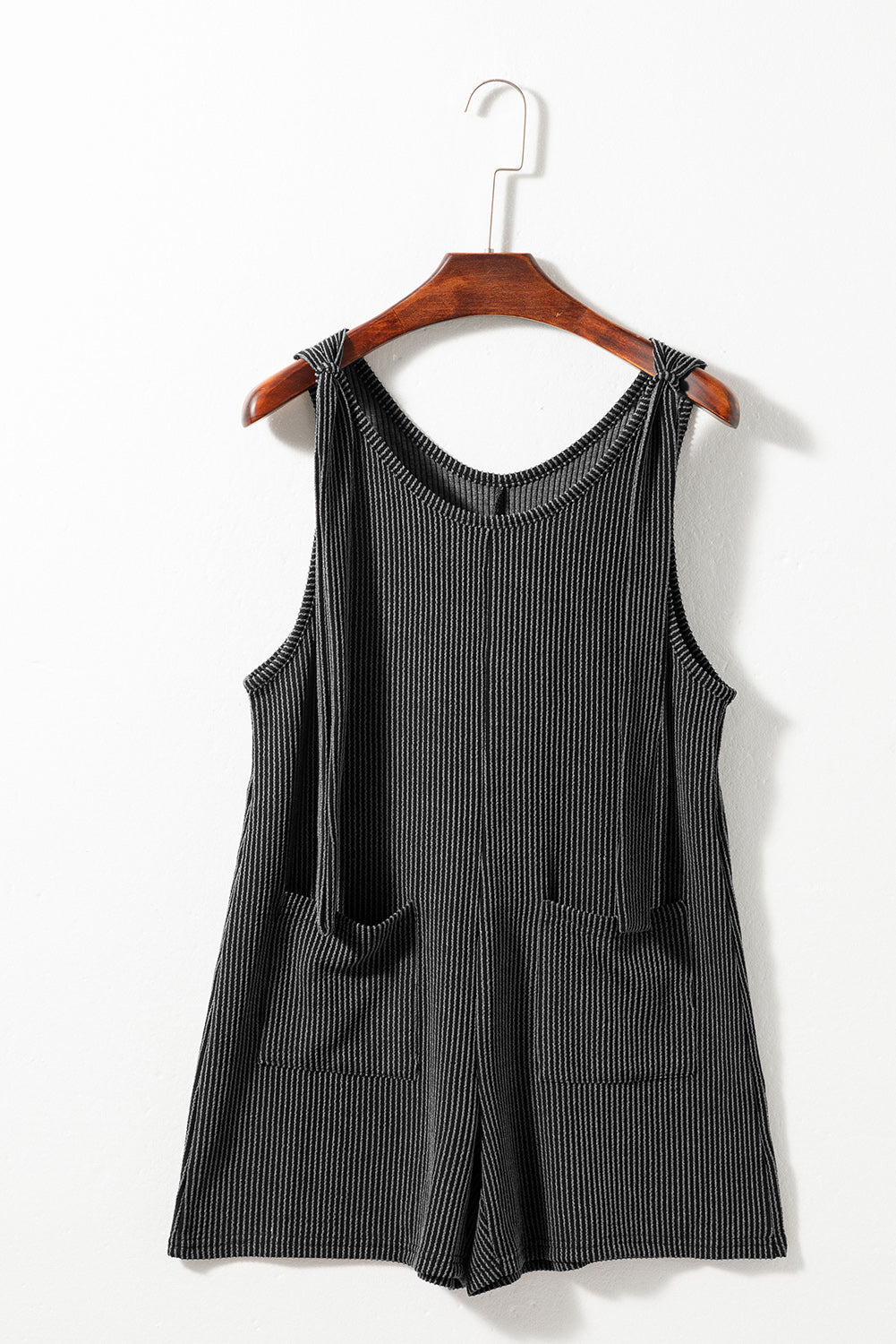 Pocketed Romper  .  Dark Grey Striped Print Knotted Straps