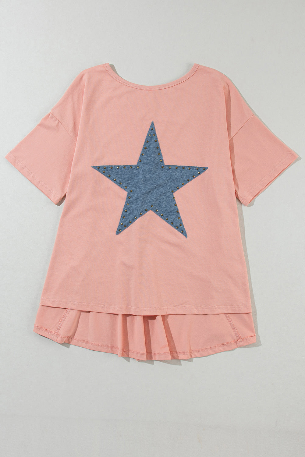 Tee  .  Apricot Pink Mineral Wash Studded Star Patch Graphic High Low Tee