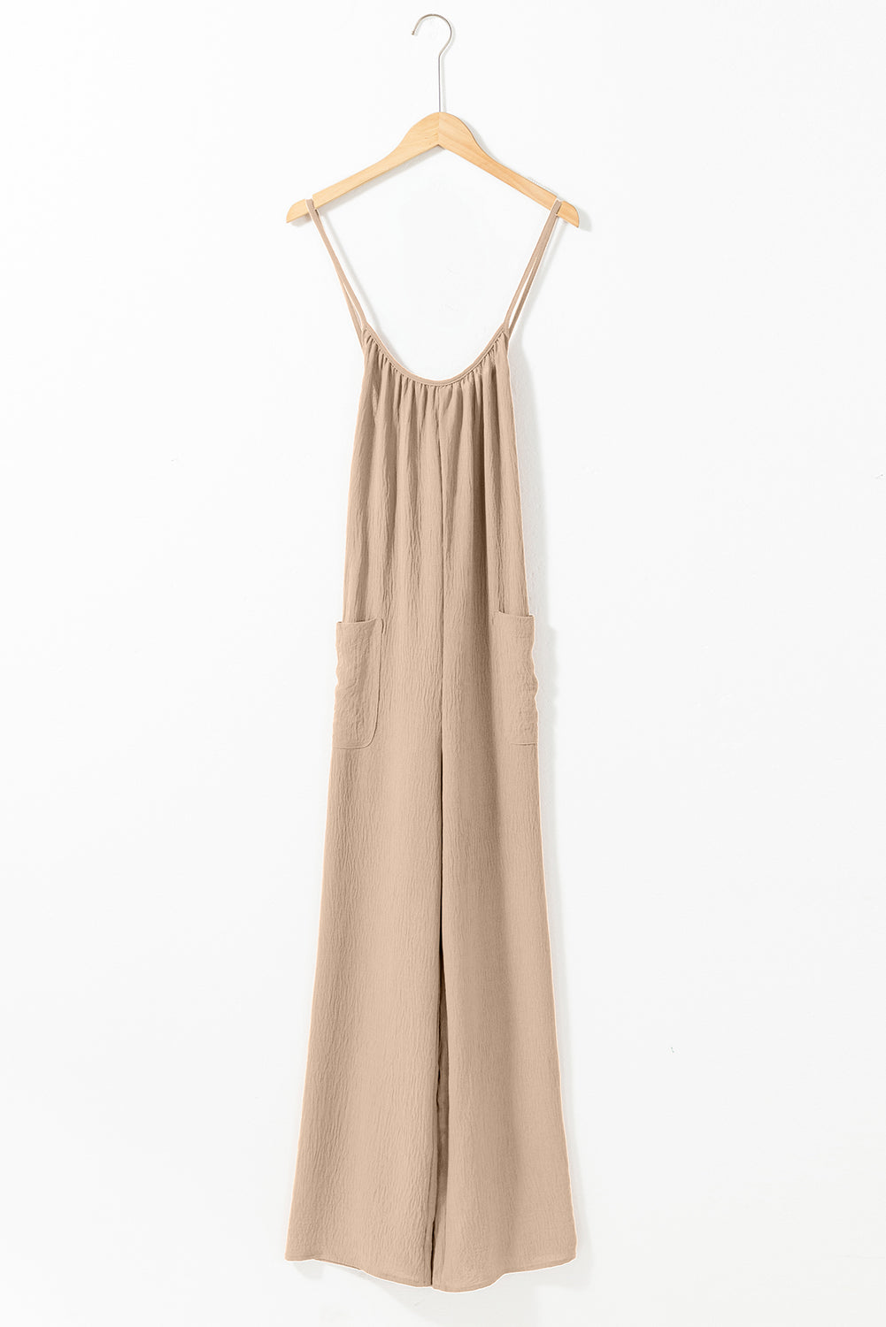 Jumpsuit   .  Apricot Spaghetti Straps Waist Tie Wide Leg Jumpsuit with Pockets