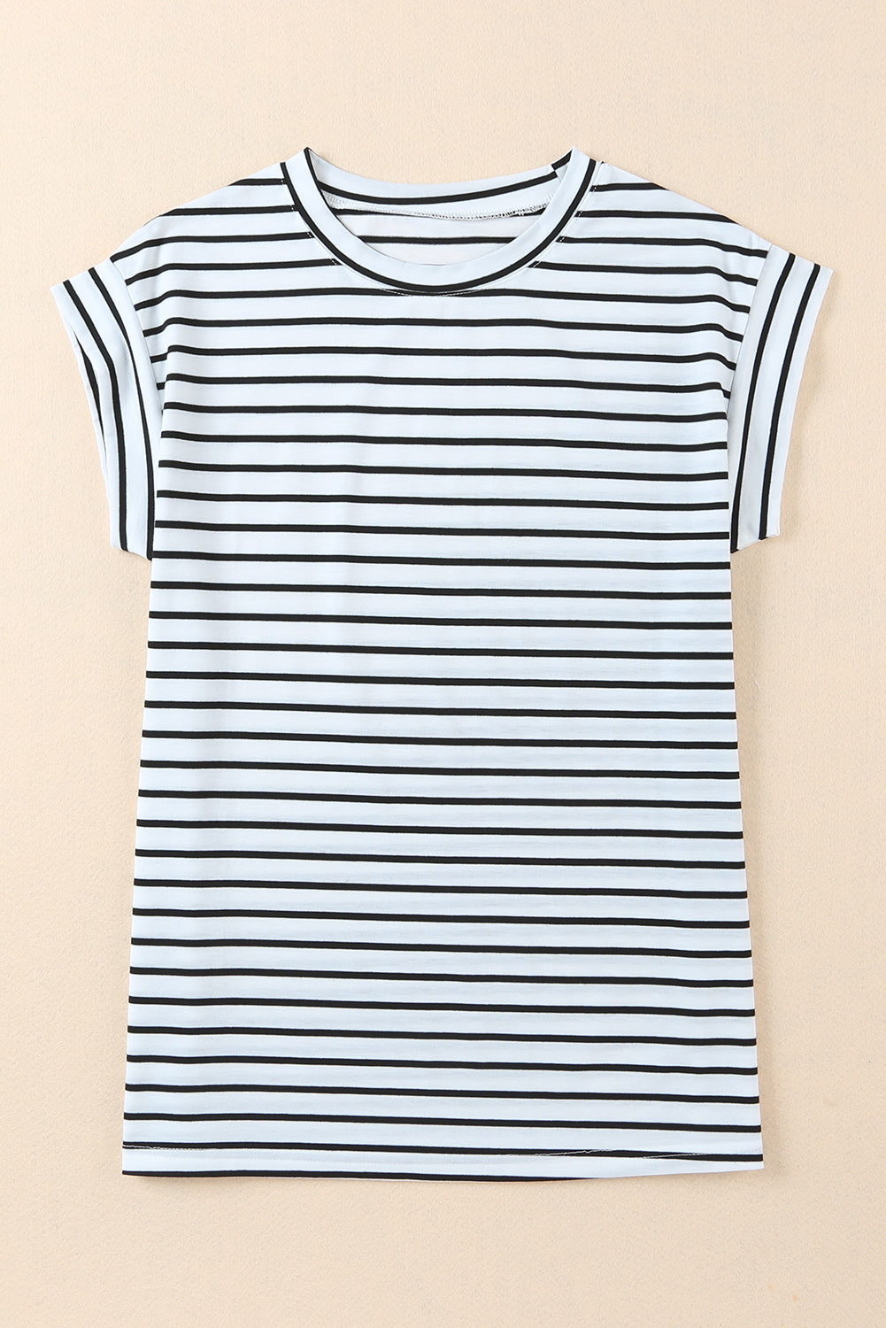 T Shirt  .  Striped Rolled Cap Sleeve Round Neck T Shirt