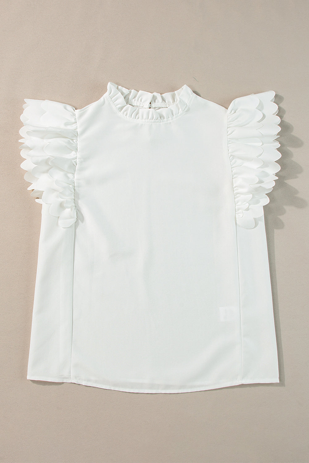 Top  .  White Solid Color Scalloped Ruffle Sleeve