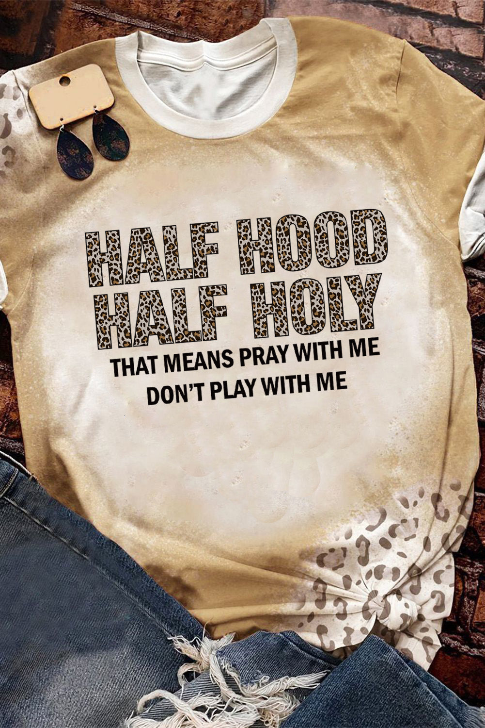 T Shirt  .  Khaki HALF HOOD HALF HOLY Graphic T Shirt