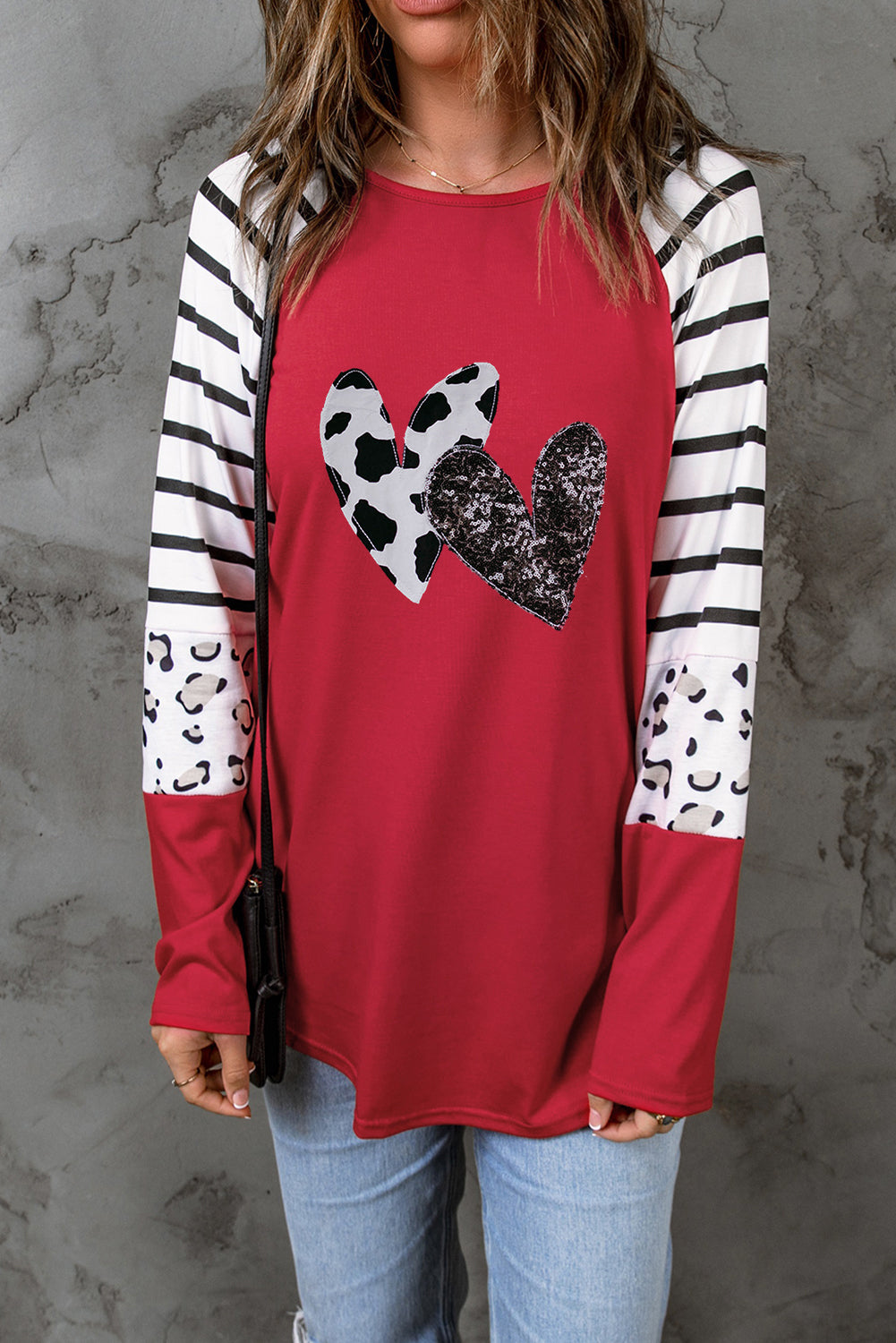 Top  .  Red Double Heart Patch Contrast Long Sleeve Top