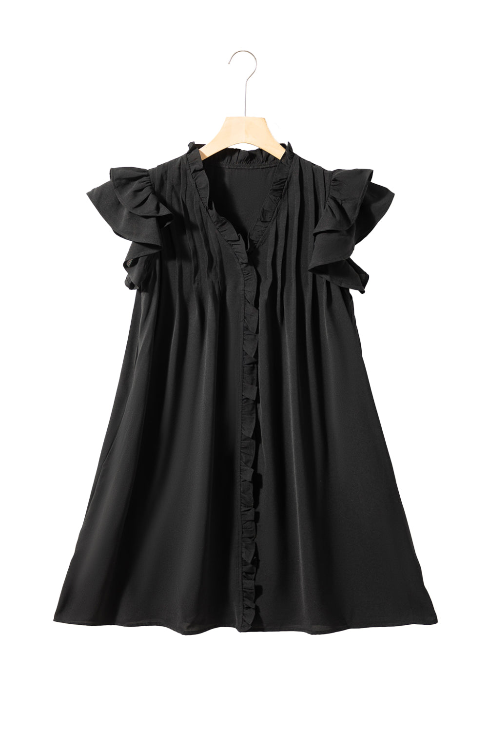 Frilled Shift Dress  .  Black Ruffle Sleeve V Neck