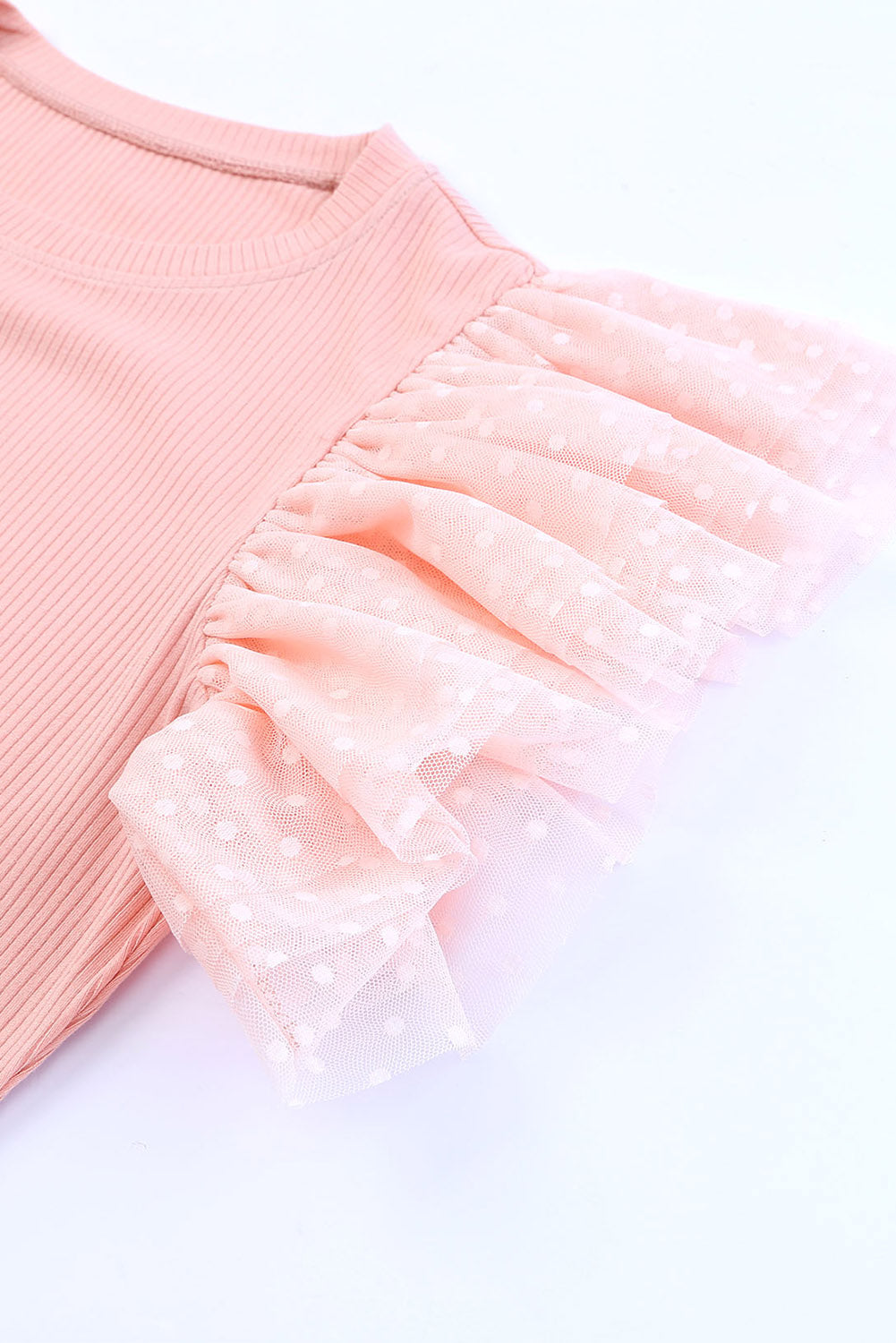 Top  .  Pink Dotty Mesh Ruffle Sleeve Ribbed Knit Top