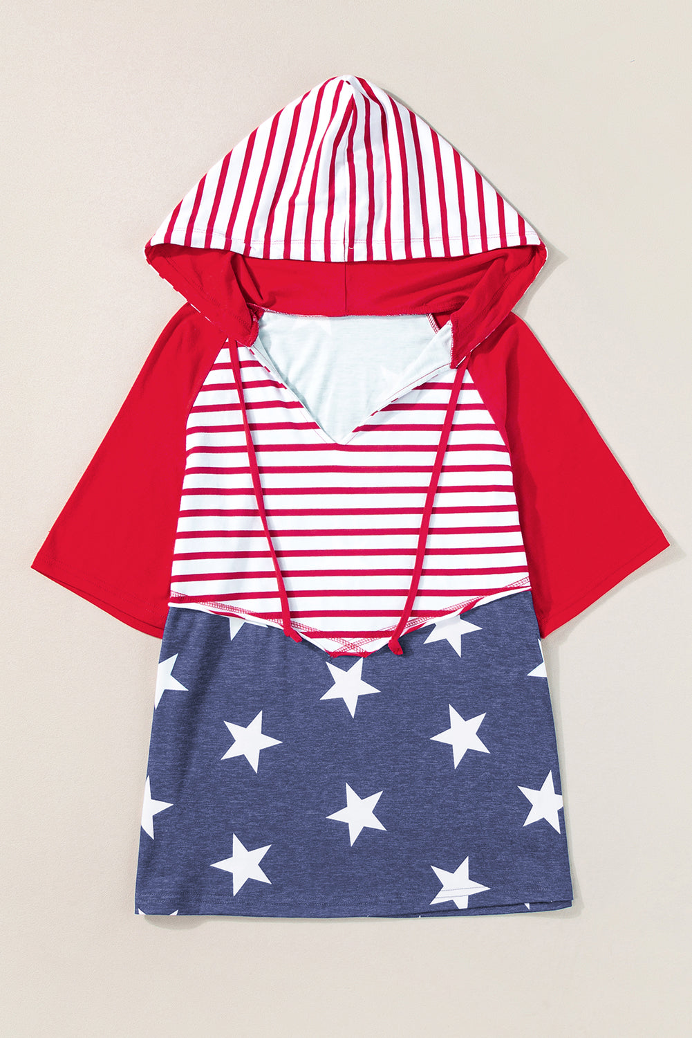 Hooded T Shirt  .  Fiery Red Stars and Stripes Print Drawstring Hooded T Shirt