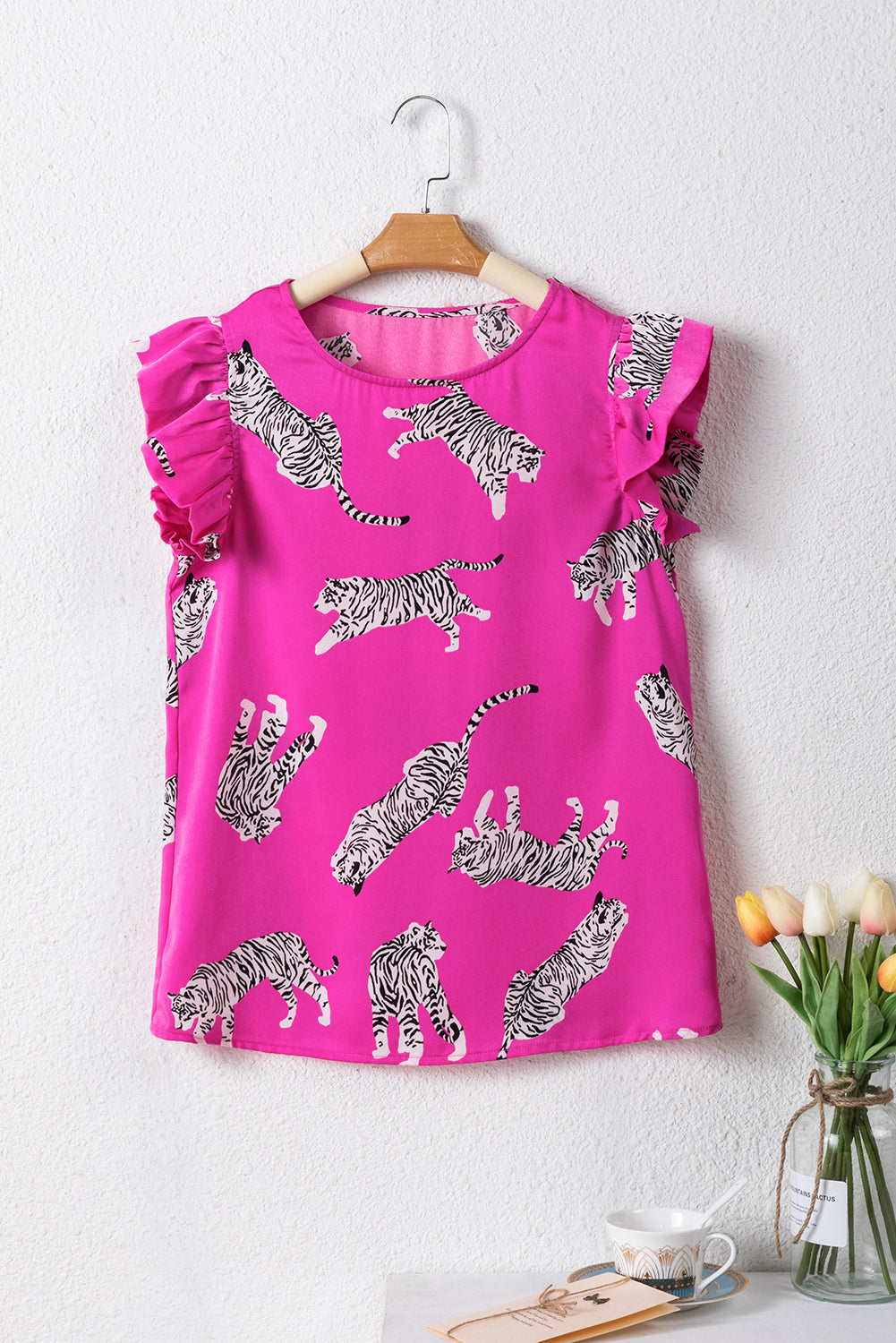 Blouse  .  Rose Tiger Pattern Flutter Sleeve Crew Neck