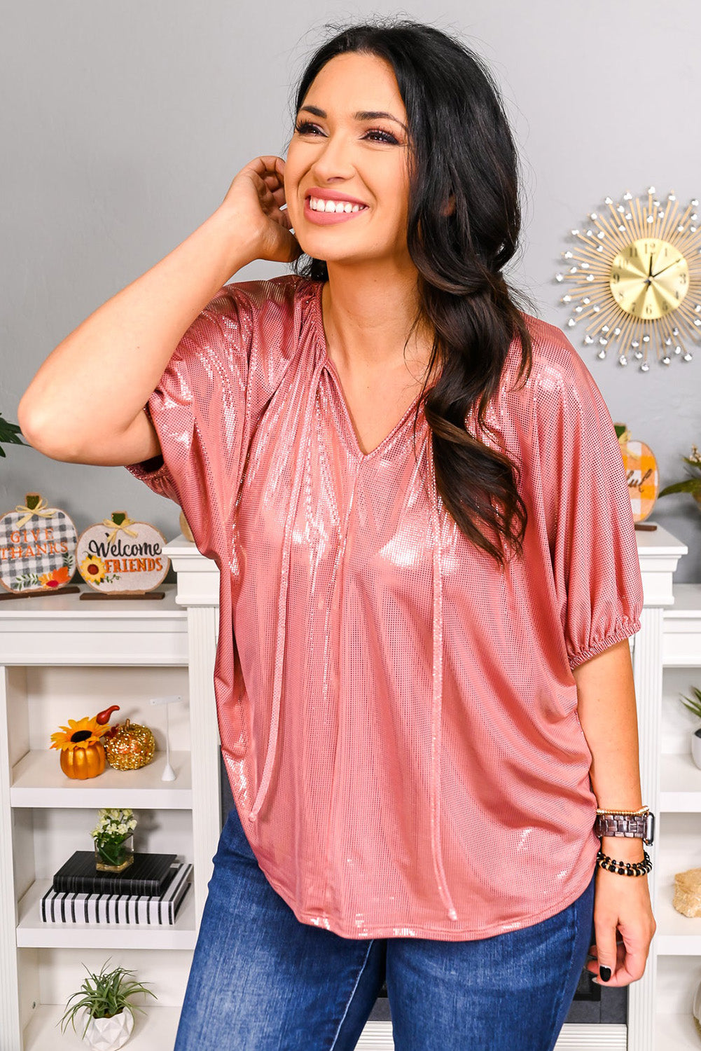 Top  .  Pink Split V Neck Metallic Short Sleeve Top