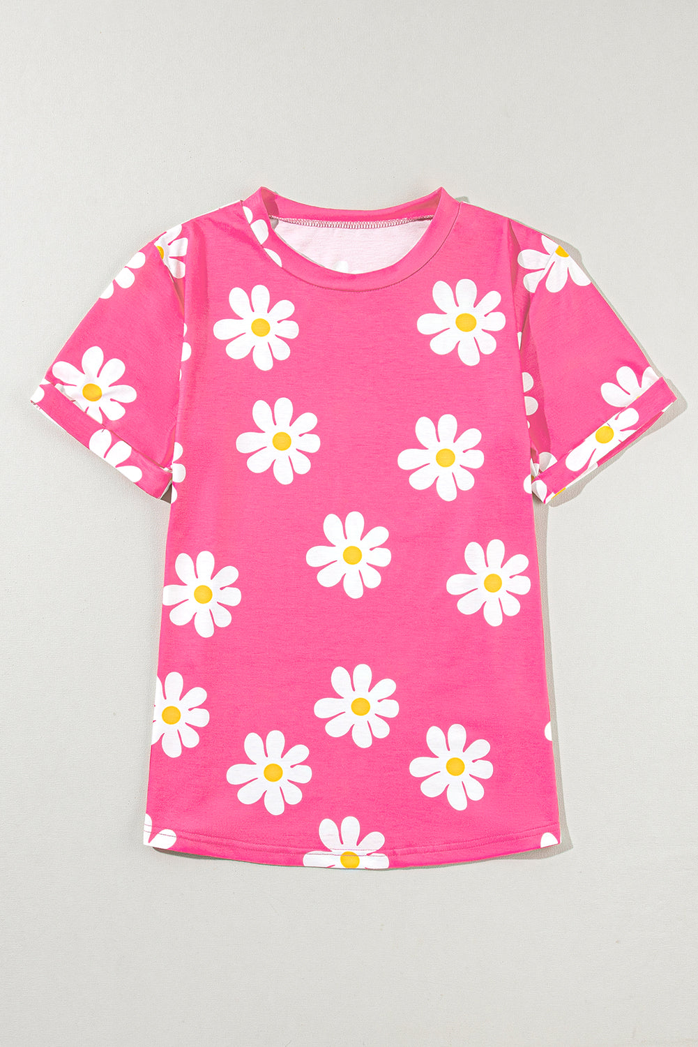 T Shirt  .  Pink Daisy Printed Crewneck T Shirt