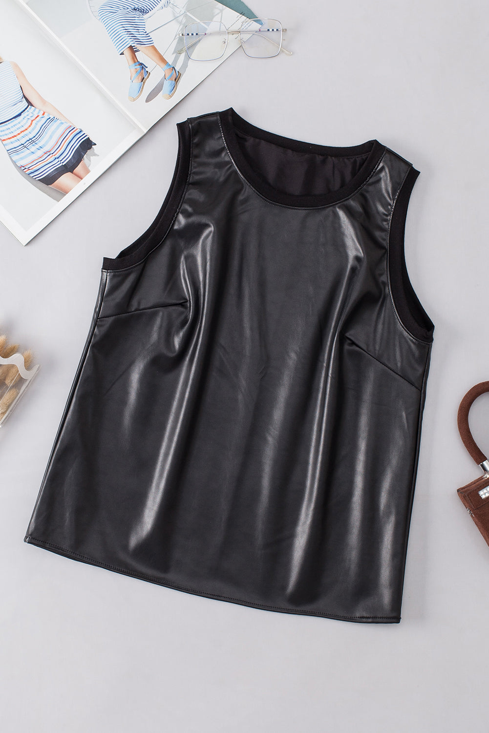 Tank Top  .  Black Faux Leather Crew Neck Tank Top