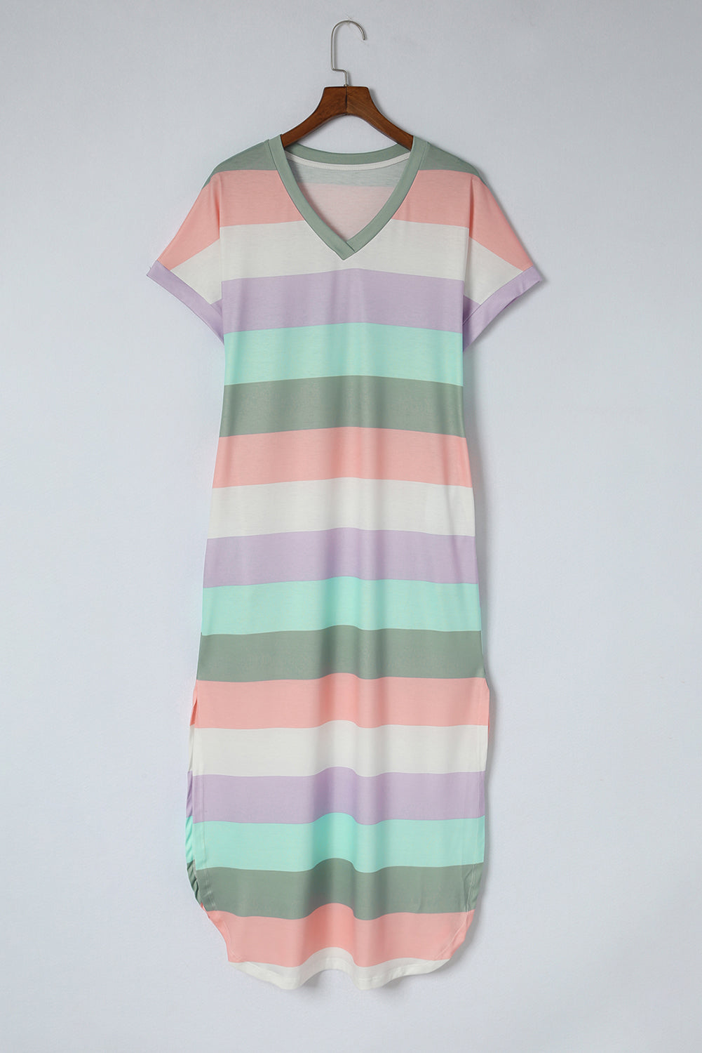 T Shirt Midi Dress , Striped Side Split Pockets V Neck