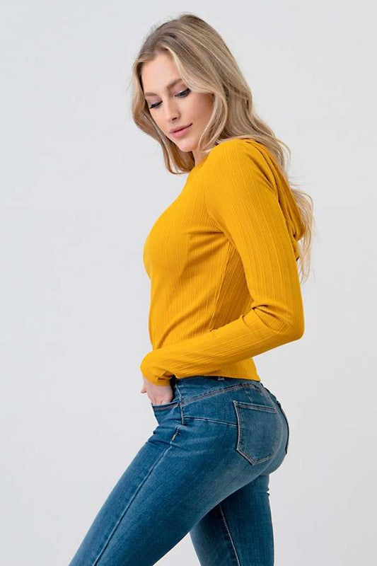 TOP  .  LONG SLEEVE RIBBED HOODIE TOP NEW MUSTARD