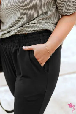 Pants  .  Black Plus Size Frill High Waist Pocketed Soft Pants