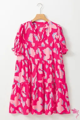 Dress  .  Pink Abstract Printed Puff Short Sleeve Tiered Loose Dress