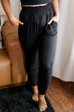 Pants  .  Black Plus Size Frill High Waist Pocketed Soft Pants