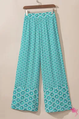 Pants  .  Green Boho Geometric Print Drawstring High Waist Flared Pants