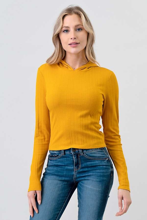 TOP  .  LONG SLEEVE RIBBED HOODIE TOP NEW MUSTARD