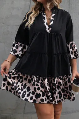 Curvy Dress  .  Black Leopard Patchwork Split Neck Ruffle Curvy Dress