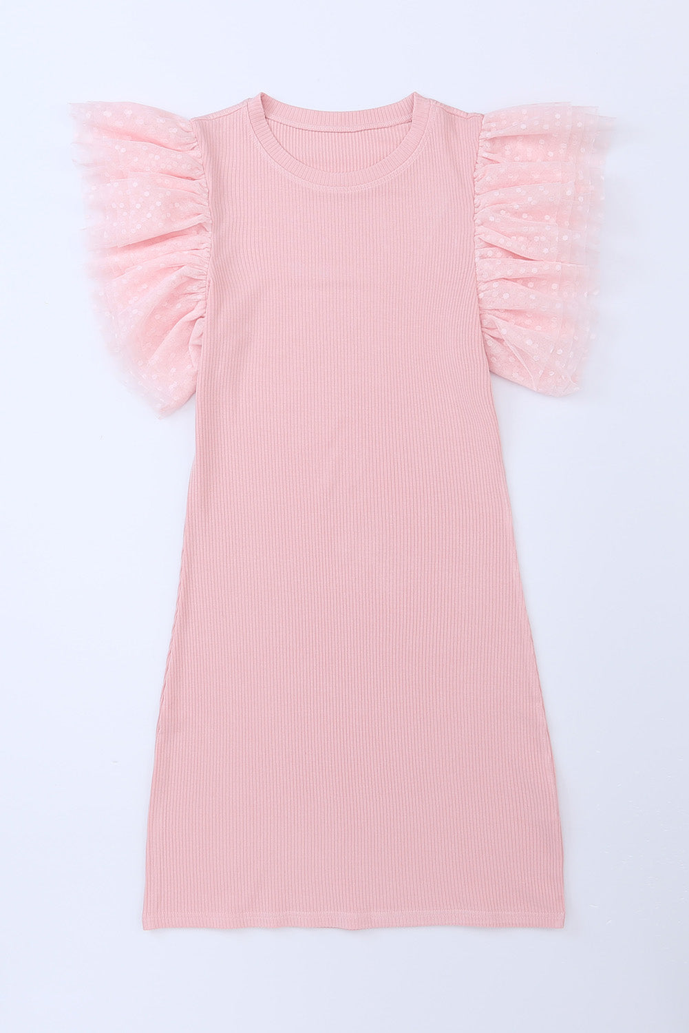 Dress  .  Pink Ruffle Tulle Sleeve Ribbed Knit Bodycon Dress