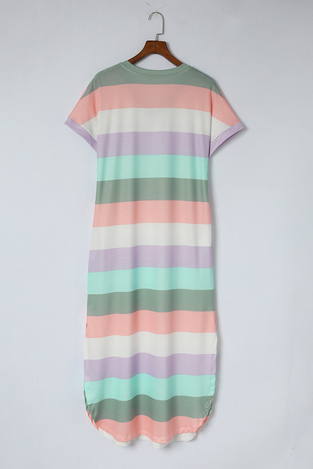 T Shirt Midi Dress , Striped Side Split Pockets V Neck