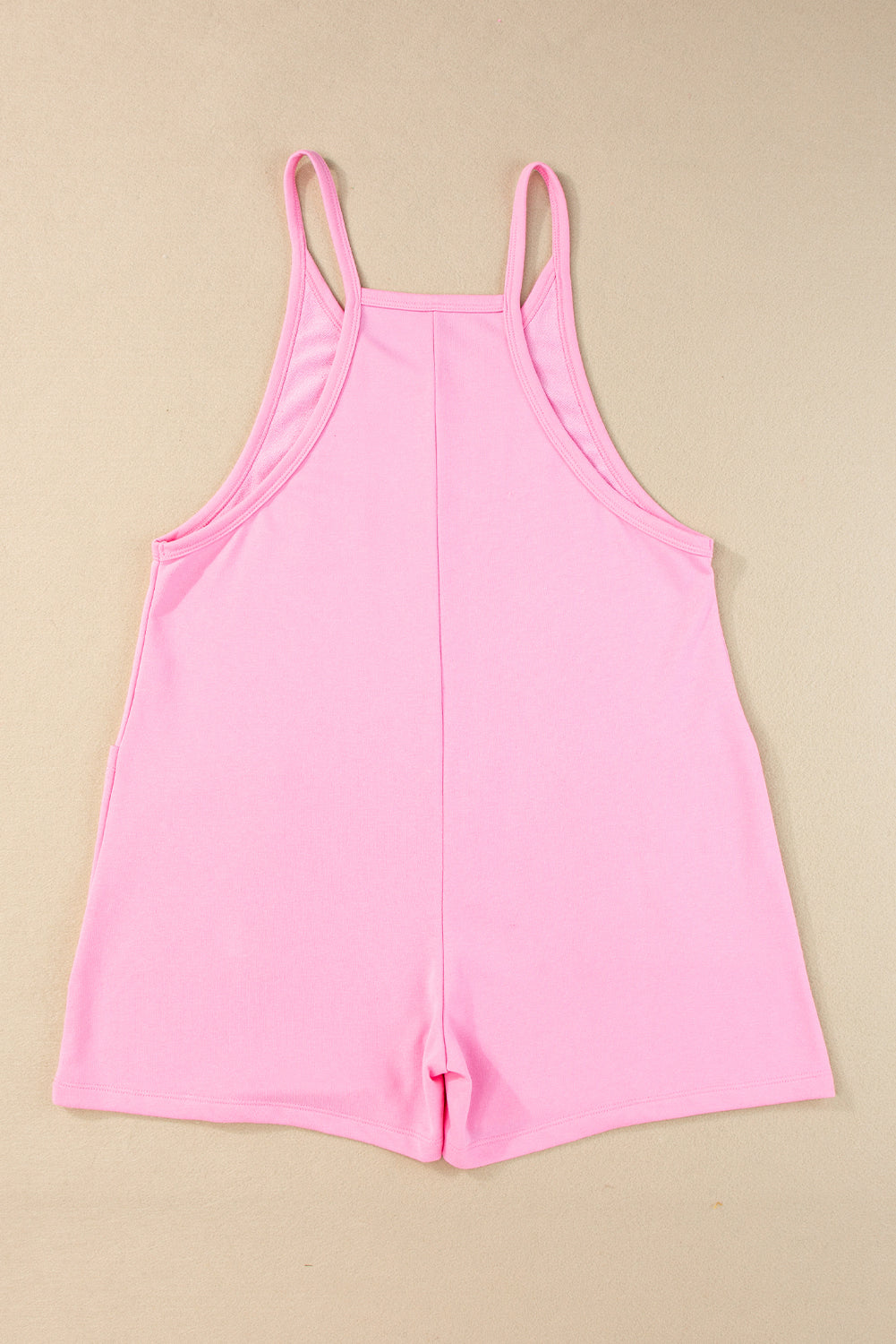 Jersey Romper  .  Pink Sleeveless Pocketed V Neck