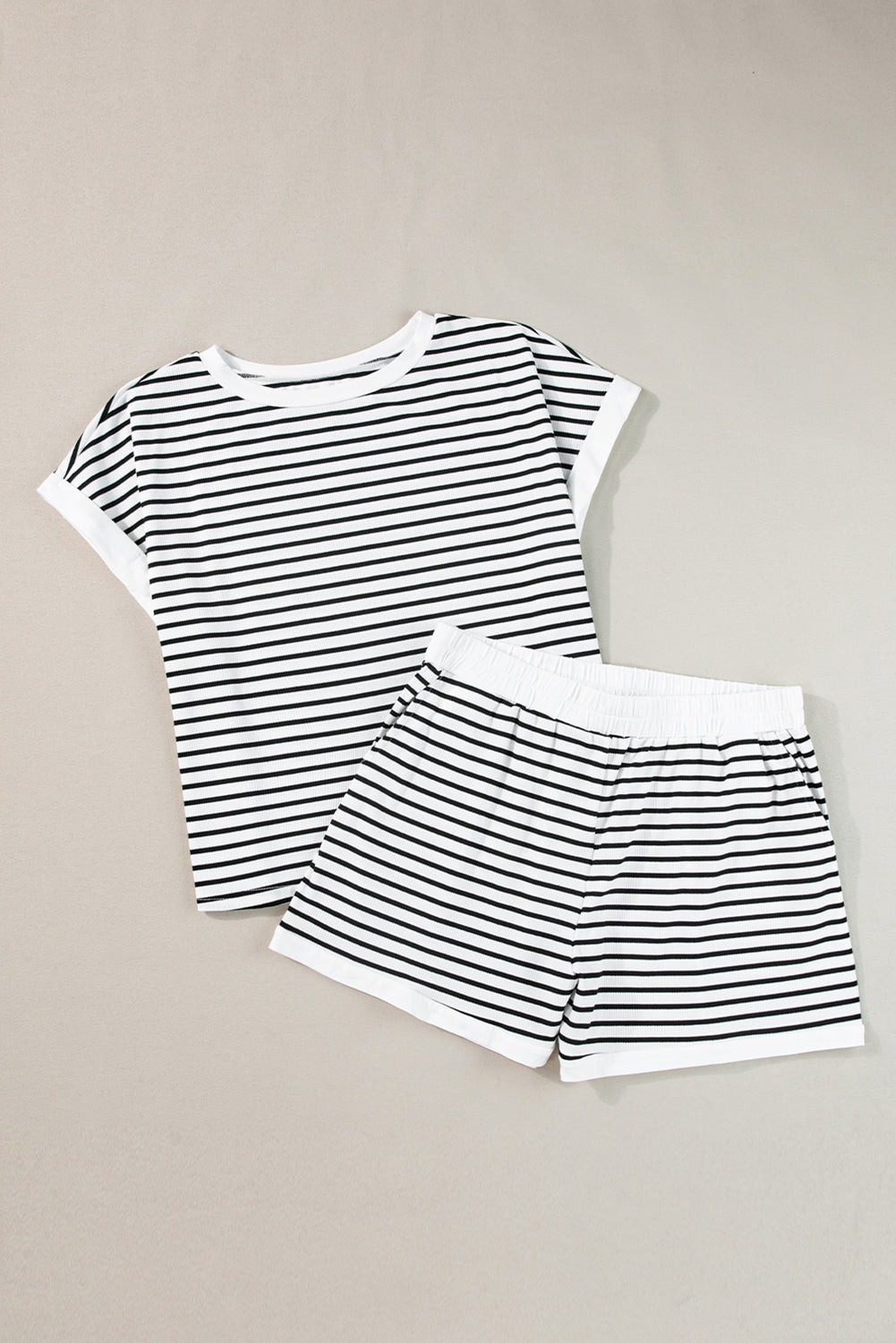 Set  Tee and Shorts Set  .  White Stripe Contrast Edge Tee and Shorts Set