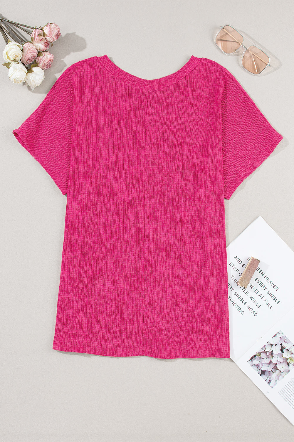 T-shirt  .  Bright Pink Crinkled V Neck Wide Sleeve