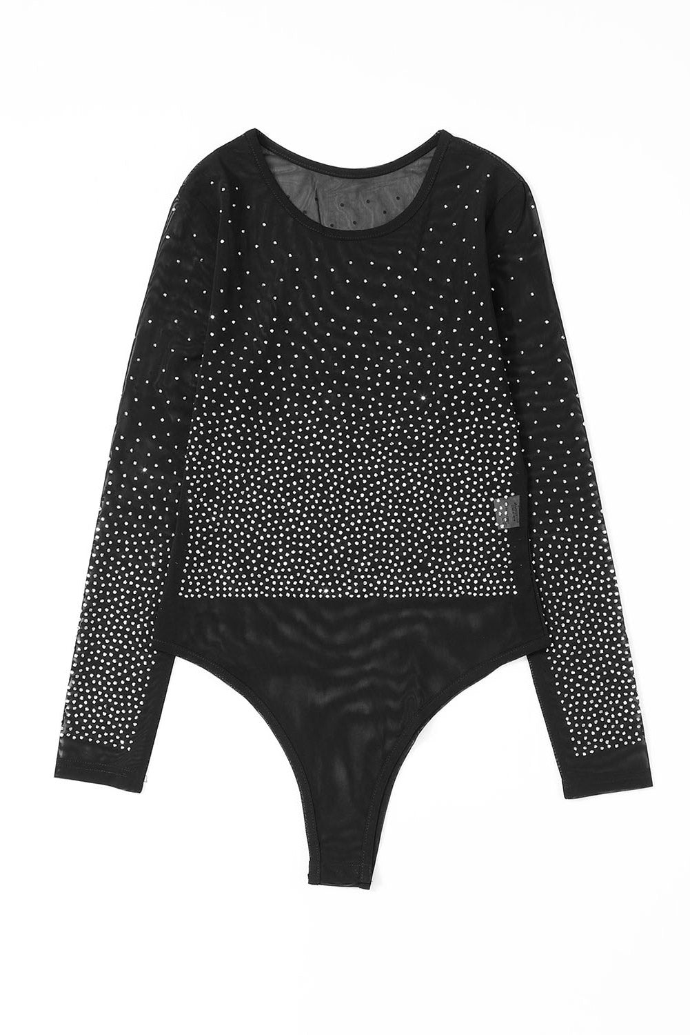 Long Sleeve Bodysuit  .  Black Rhinestone Embellished Mesh
