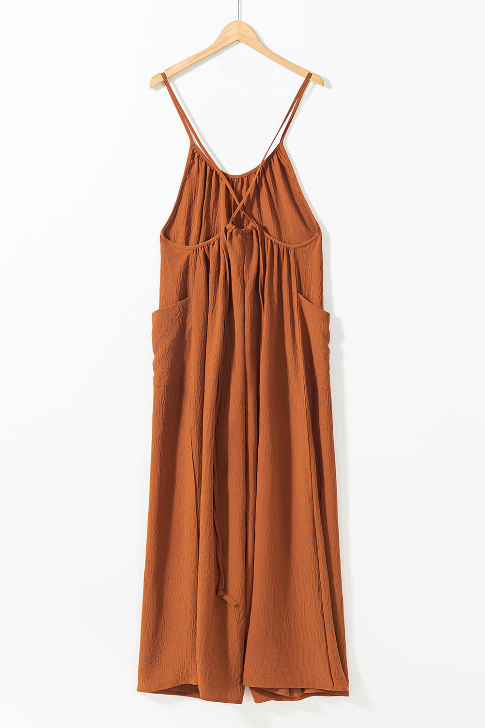 Jumpsuit   .  Chestnut Spaghetti Straps Waist Tie Wide Leg Jumpsuit with Pockets