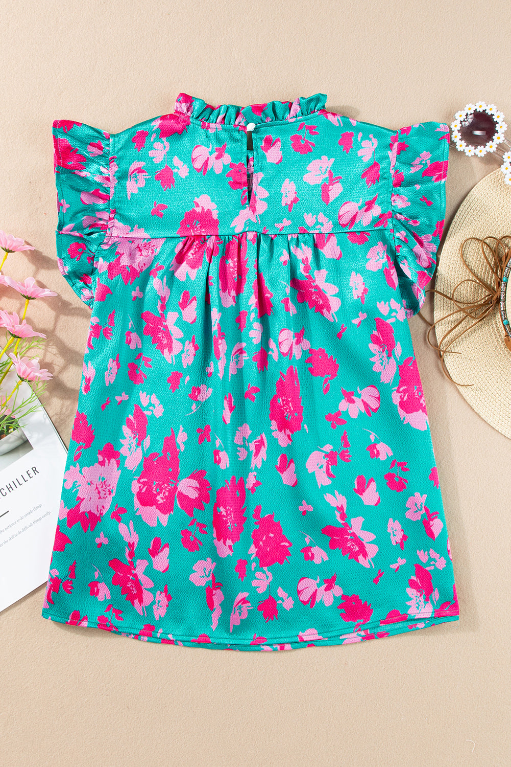 Blouse  .  Green Floral Ruffled Flutter Sleeve Ruched