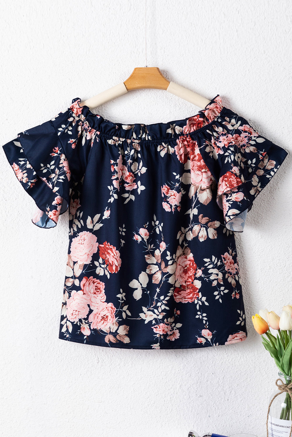 Blouse  .  Blue Ruffle Off Shoulder Flounce Sleeve Floral