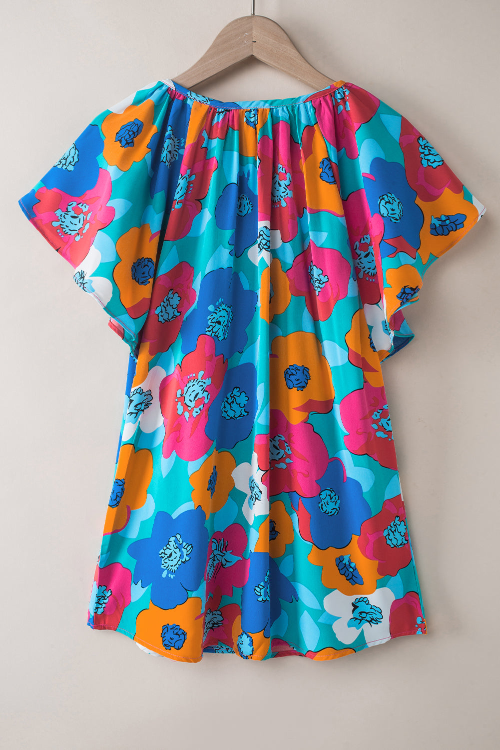 Blouse  .  Multicolor Floral Print Drawstring V Neck Short Sleeve Blouse