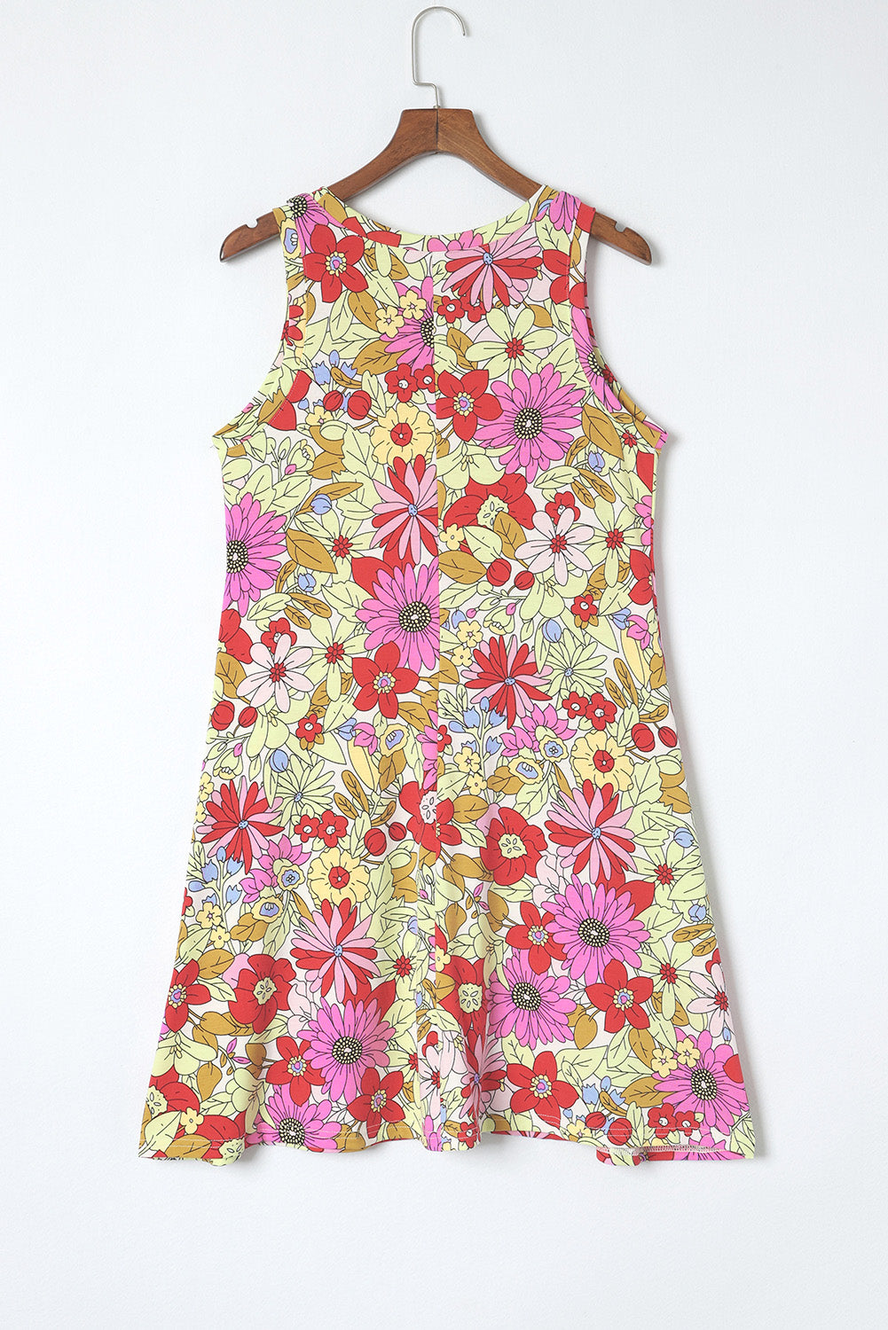 Mini Dress  .  Fiery Red Round Neck Sleeveless Floral