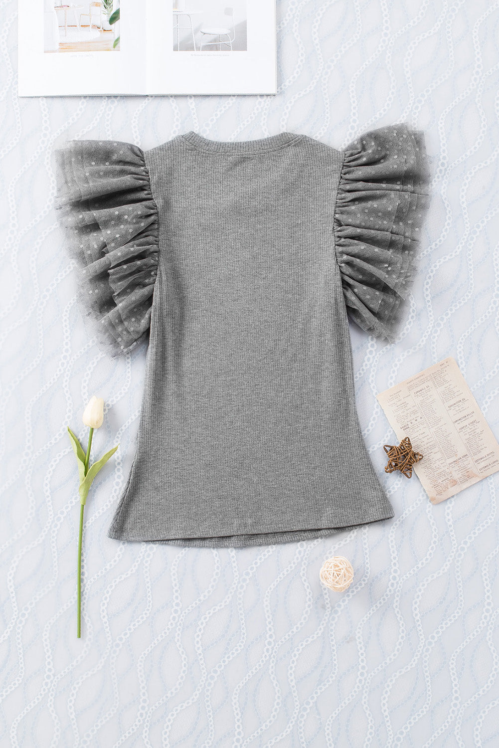 Knit Top  .  Gray Dotty Mesh Ruffle Sleeve Ribbed Knit Top