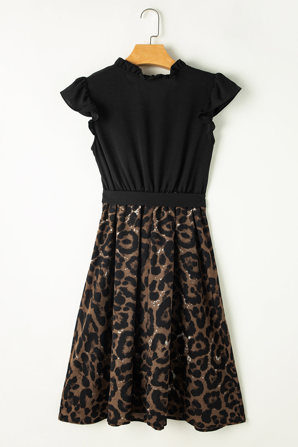 Dress  .  Black Flutter Sleeve Bodice Splicing Leopard Print Dress