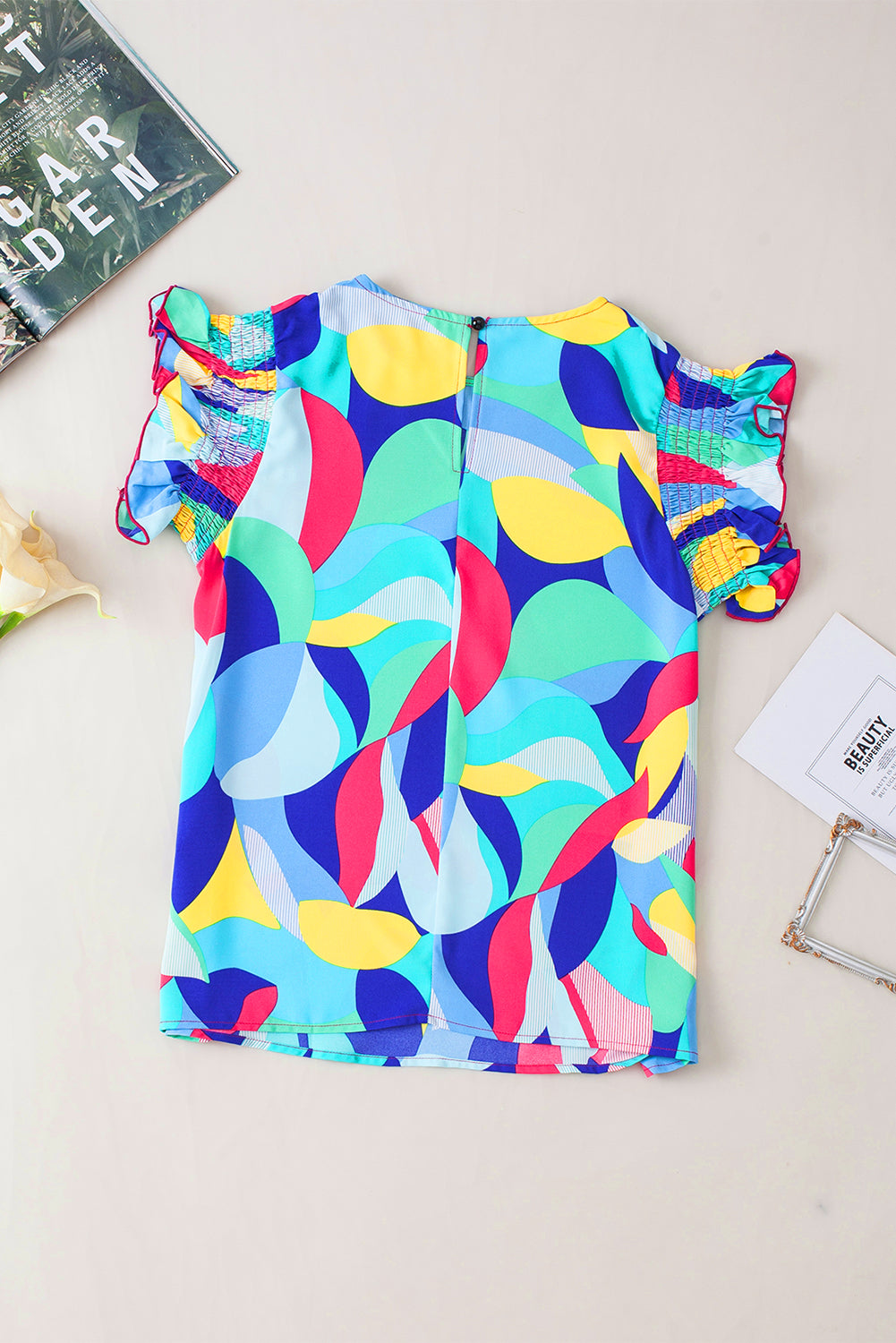 Sleeve Blouse  .  Multicolor Abstract Print Stitching Ruffle
