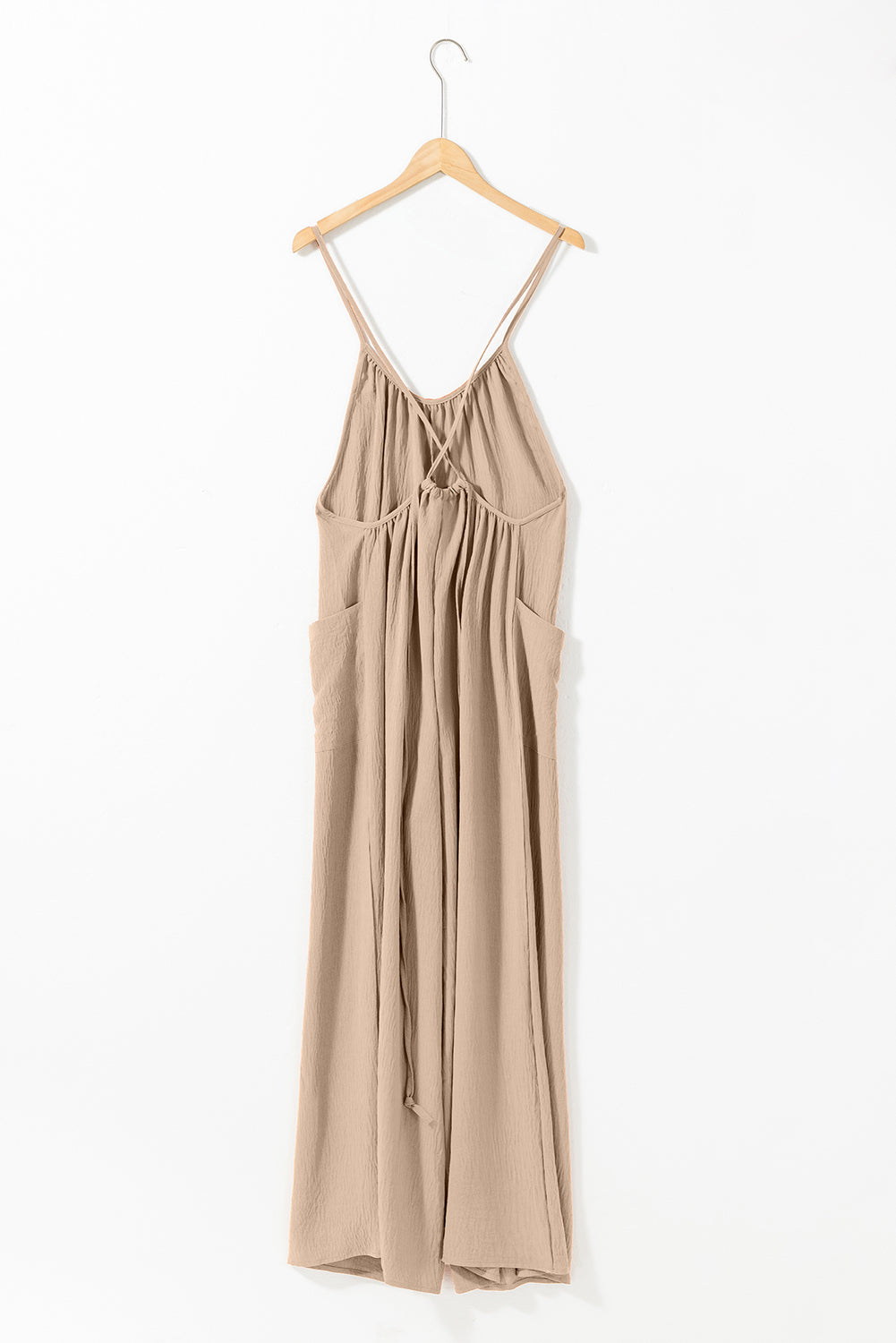 Jumpsuit   .  Apricot Spaghetti Straps Waist Tie Wide Leg Jumpsuit with Pockets