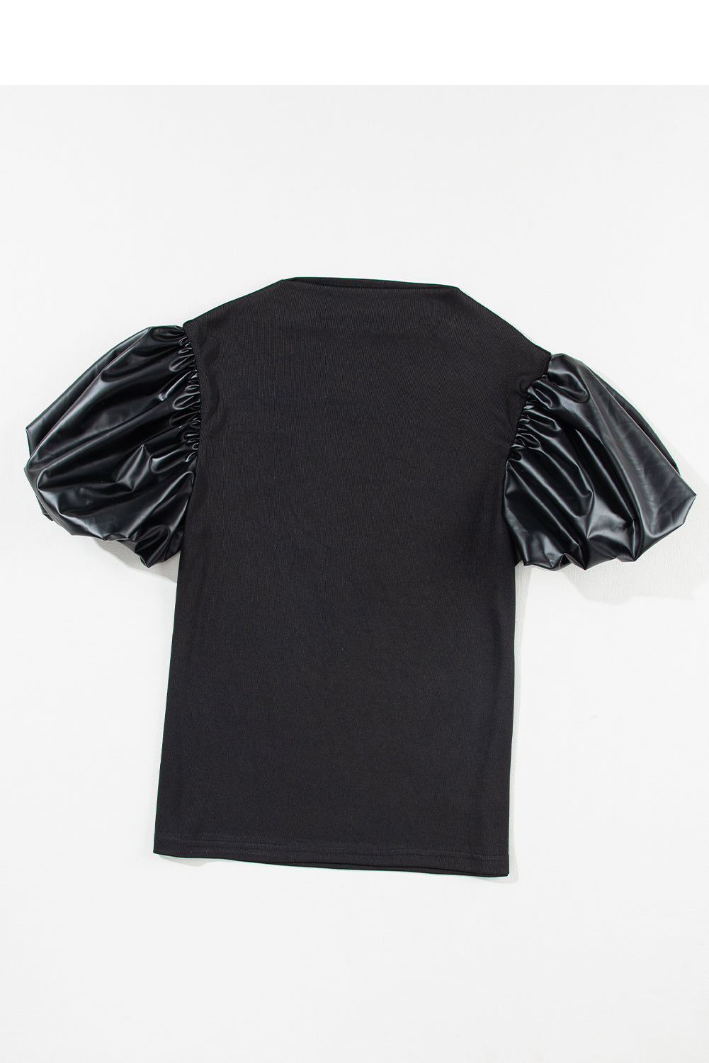 Top  .  Black Faux Leather Puff Short Sleeve Mock Neck Top