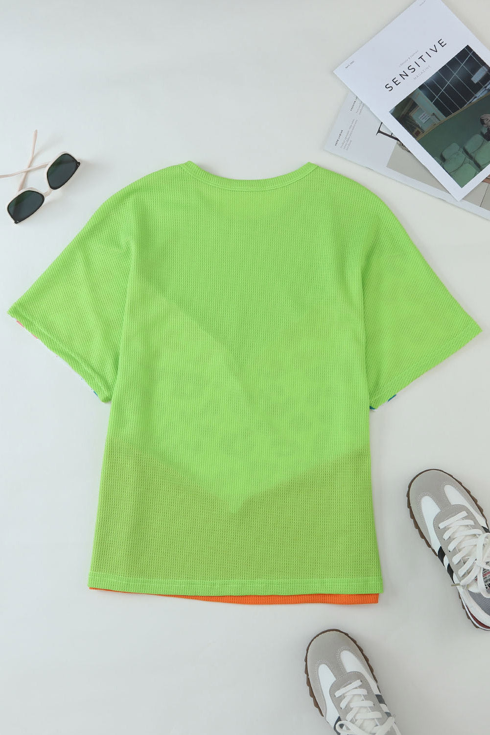 T-Shirt  .  Green Color Block Leopard Waffle Knit Patchwork T-Shirt