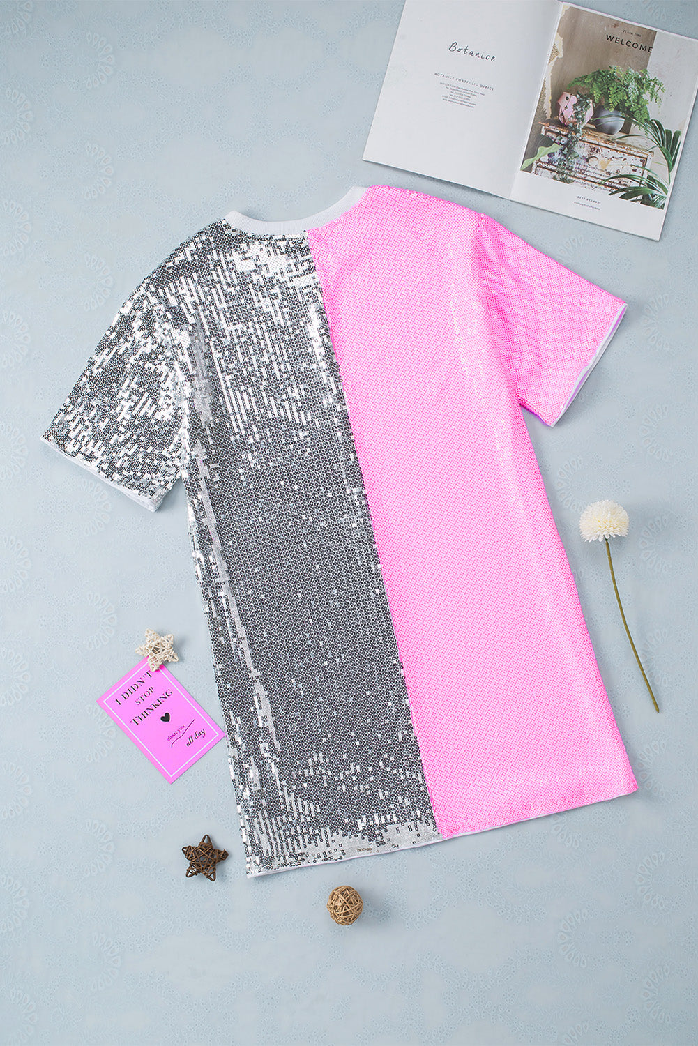 Dress  .  Pink Sequin Color Block Half Sleeve Shift Mini Dress