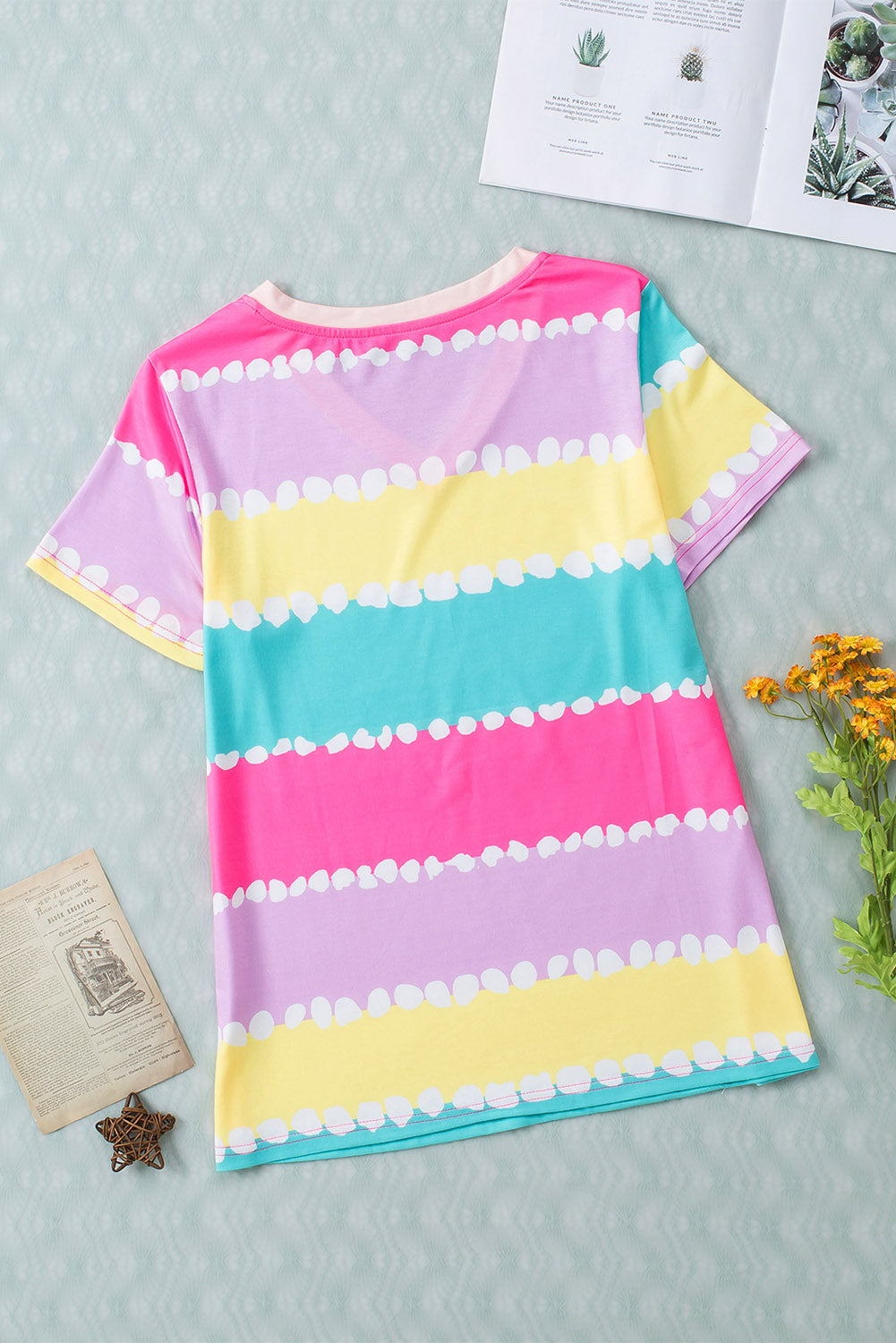 T Shirt  .  Yellow Striped Color Block V Neck T Shirt