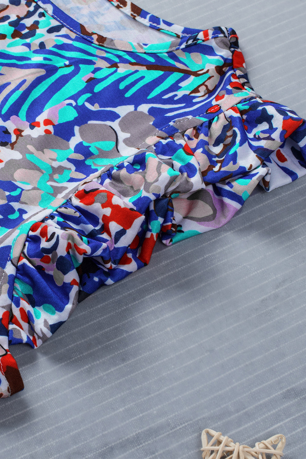 Blue Floral Print Tank Top with Ruffles