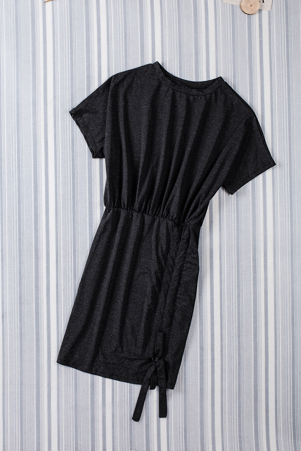 Mini Dress  .  Black Casual Crew Neck Ruched Mini Dress