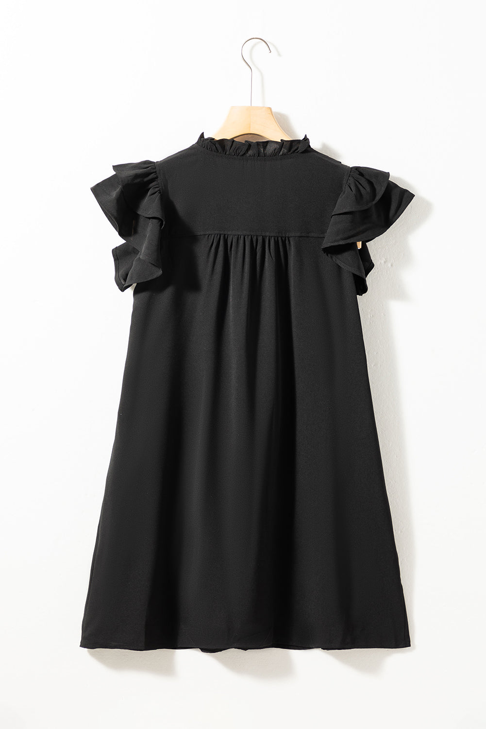 Frilled Shift Dress  .  Black Ruffle Sleeve V Neck