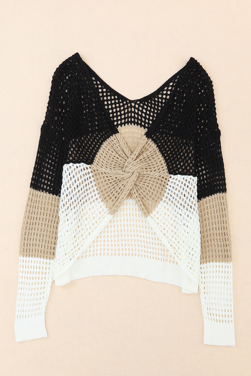 Top  ..  Black Color Block Eyelet Long Sleeve Twisted Back Knit Top