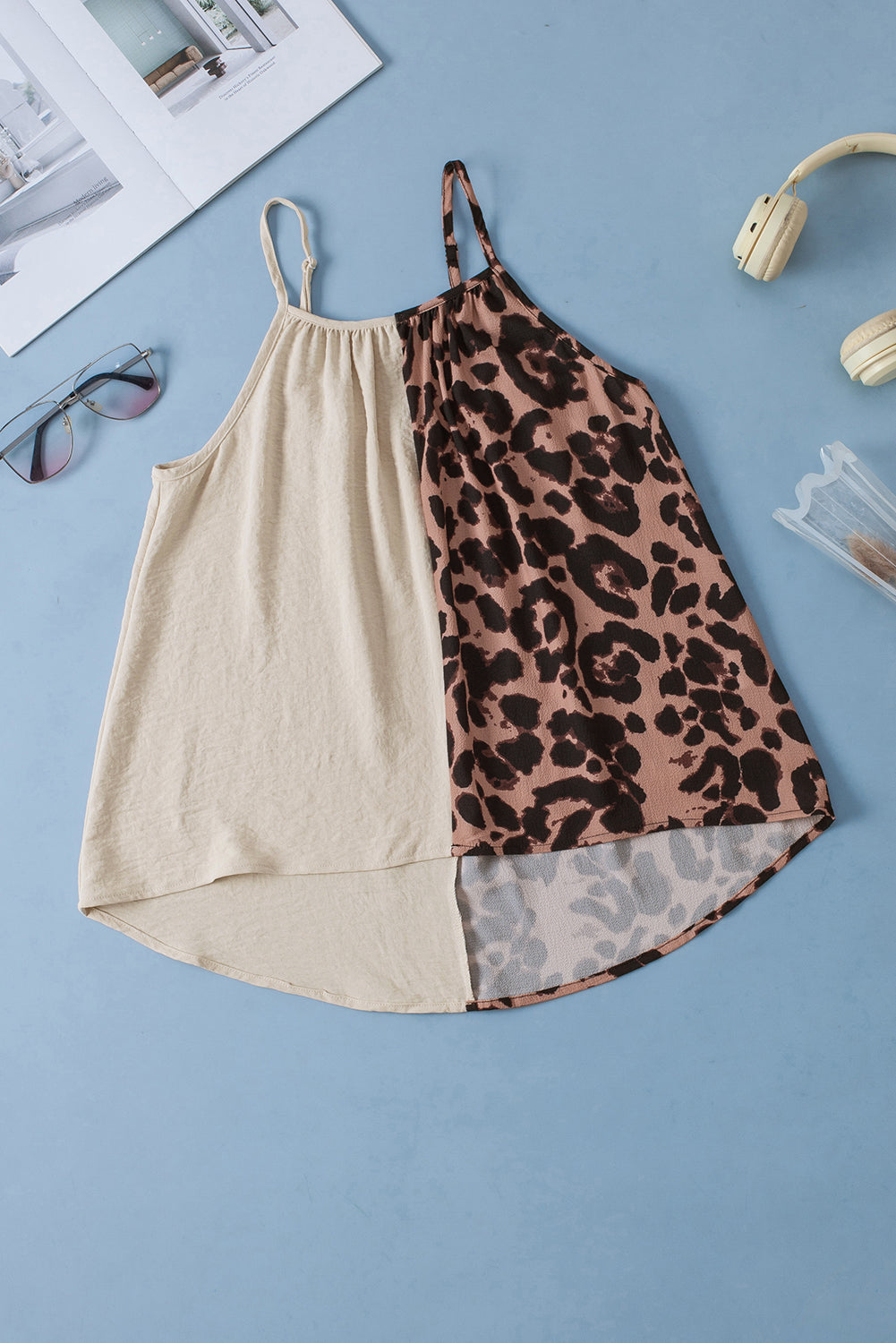 Tank Top  .  Khaki Leopard Contrast Patchwork Spaghetti Strap